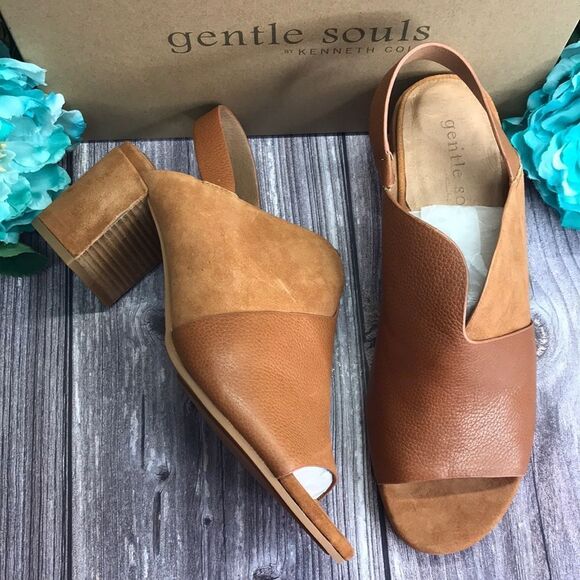 GENTLE SOULS Charlene Cognac Leather Hooded Slingback Sandals 11M